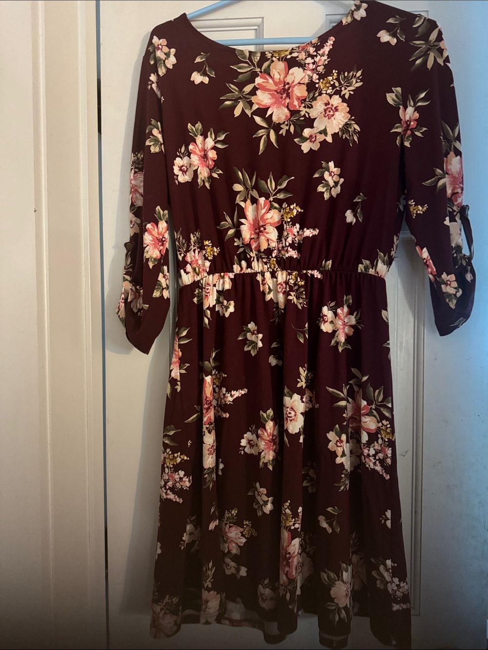 French Grey Maroon Floral Midi Dress